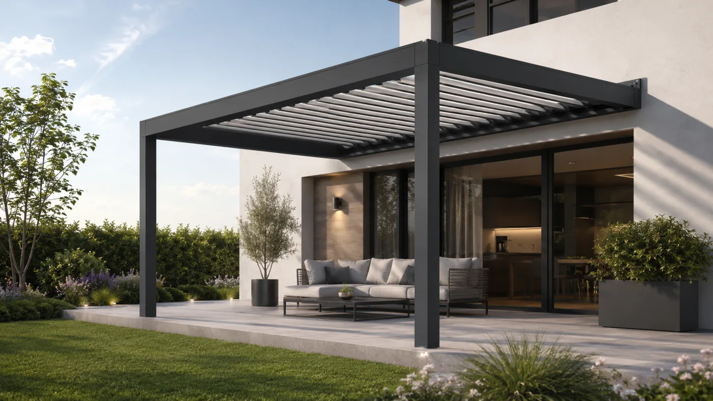 Modern bioklimatikus pergola prémium villa teraszán